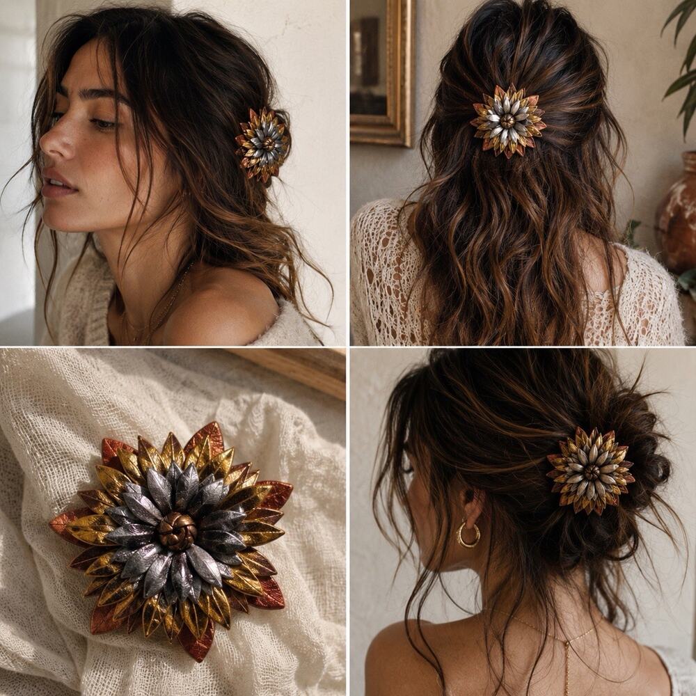 Colette Malouf Metallic Leather Flower Hair Clip Barrette Bronze Gold Signed